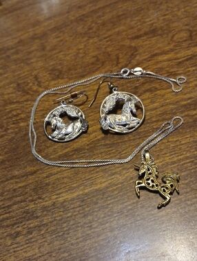 Sterling Signed 925 Unicorn Motif Necklace and Earrings Not A Matched Set  4 Pc.